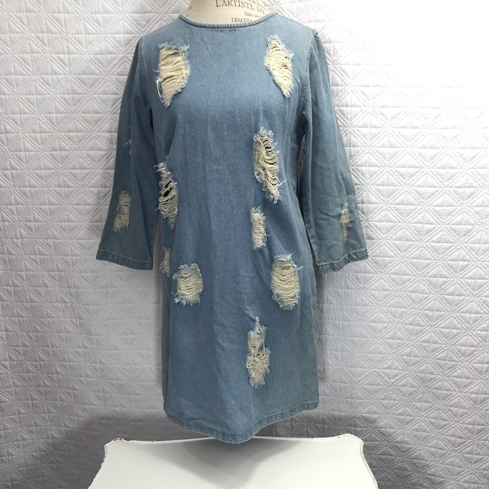 Audrey distressed jean dress in medium